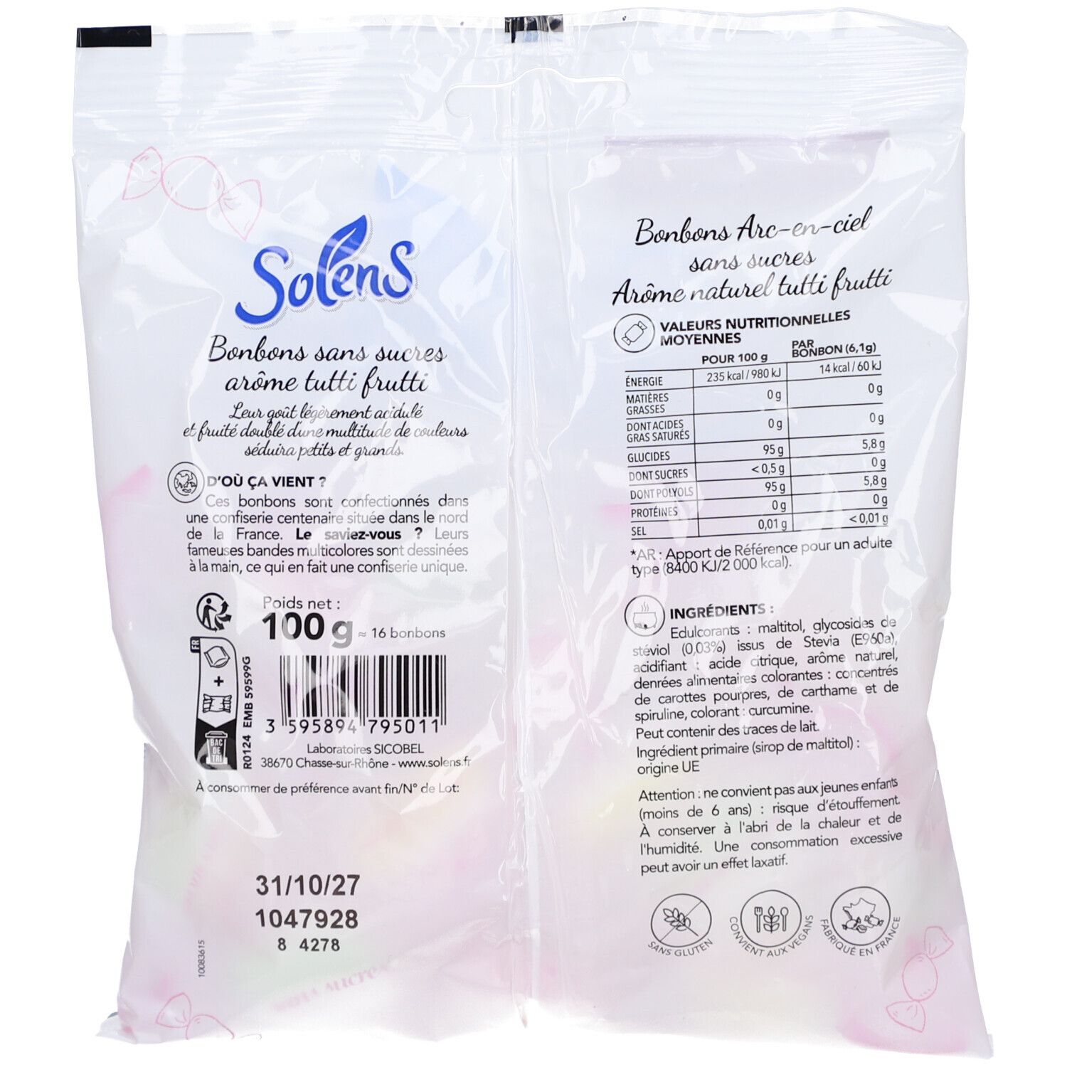 Rückseite der Bonbonverpackung. Text: Solens, Bonbons Arc-en-Ciel, sans sucres. Nährwertangaben und Zutatenliste. 100g, 16 Bonbons.