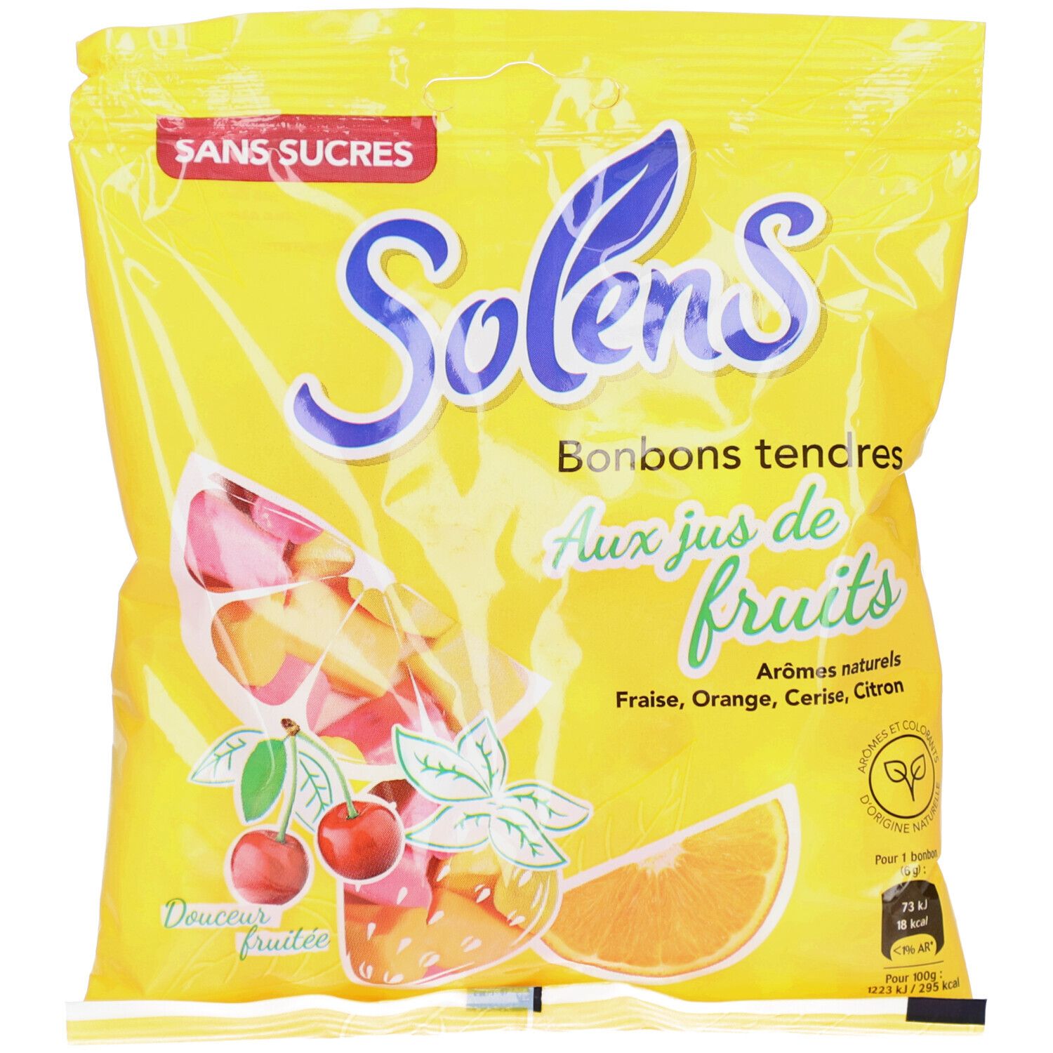 Gelbe Tüte mit SOLENS-Logo und Aufschrift "Bonbons tendres Aux jus de fruits". Abbildung von Früchten. Siegel.