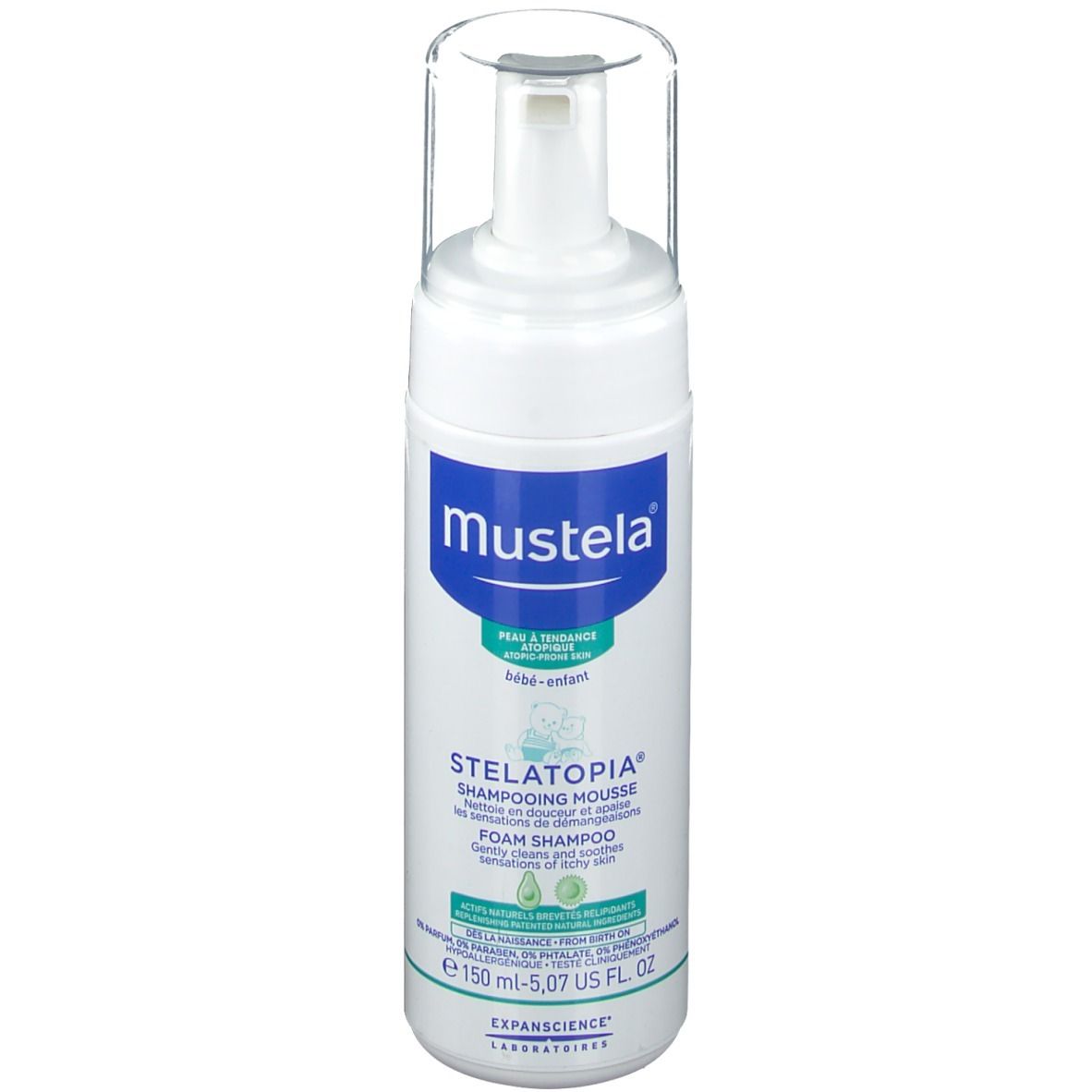 Flacon de shampooing moussant Mustela Stelatopia blanc, avec bouchon transparent. Étiquette avec logo et nom du produit.