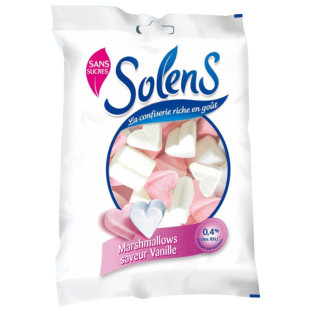 Sachet blanc avec guimauves roses et blanches. Inscription: Solens, Sans Sucres, Marshmallows, saveur Vanille.