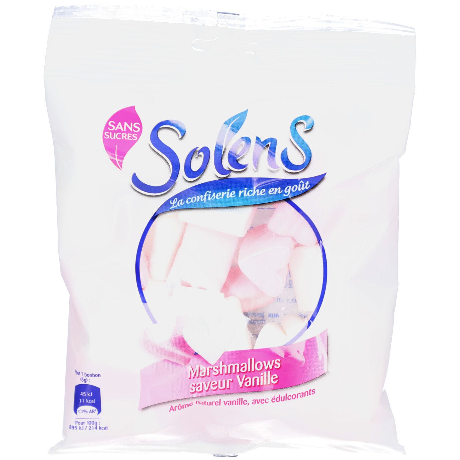 Sachet blanc de guimauves roses. Inscription : Solens, Marshmallows, saveur vanille, sans sucre.