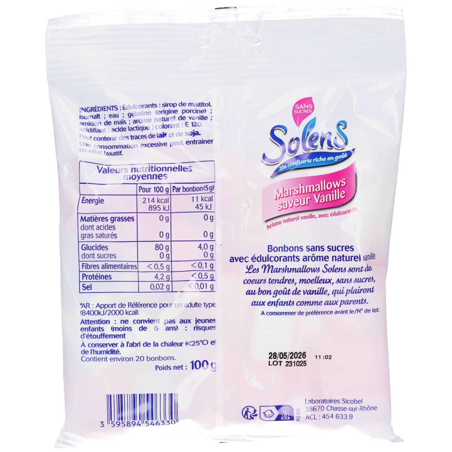 Dos du sachet avec tableau nutritionnel et liste des ingrédients. Logo : Solens, Marshmallows, saveur vanille, sans sucre.