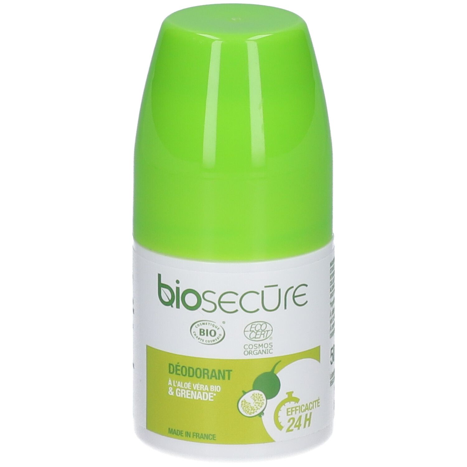 Déodorant roll-on avec bouchon vert. Marque: biosecure. Inscription: Déodorant à l'aloe vera bio & grenade. Avec label bio et efficacité 24H.