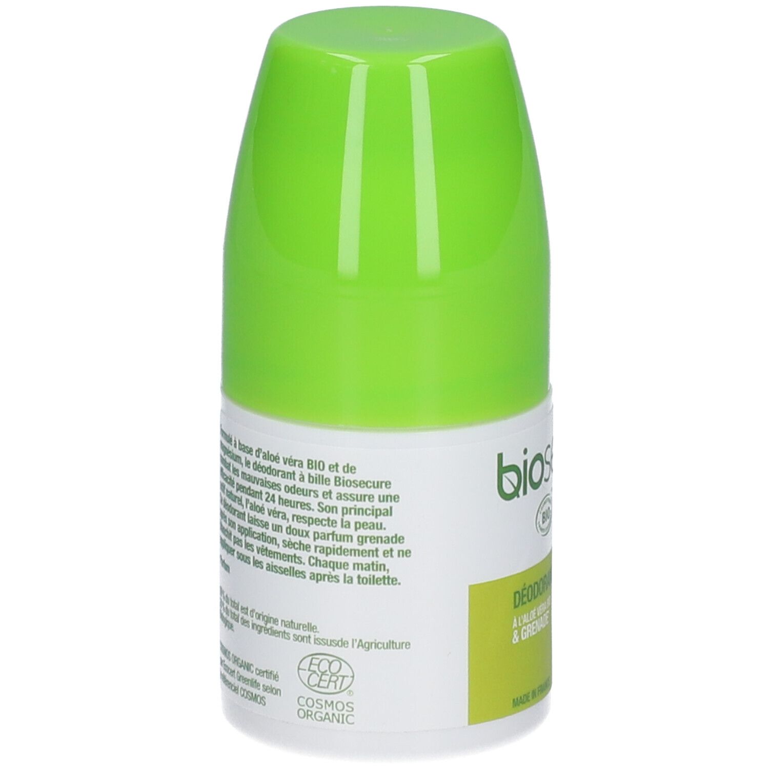 Dos du déodorant roll-on. Texte: ingrédients, certifications, informations fabricant. Bouchon vert, étiquette blanche avec accents verts.