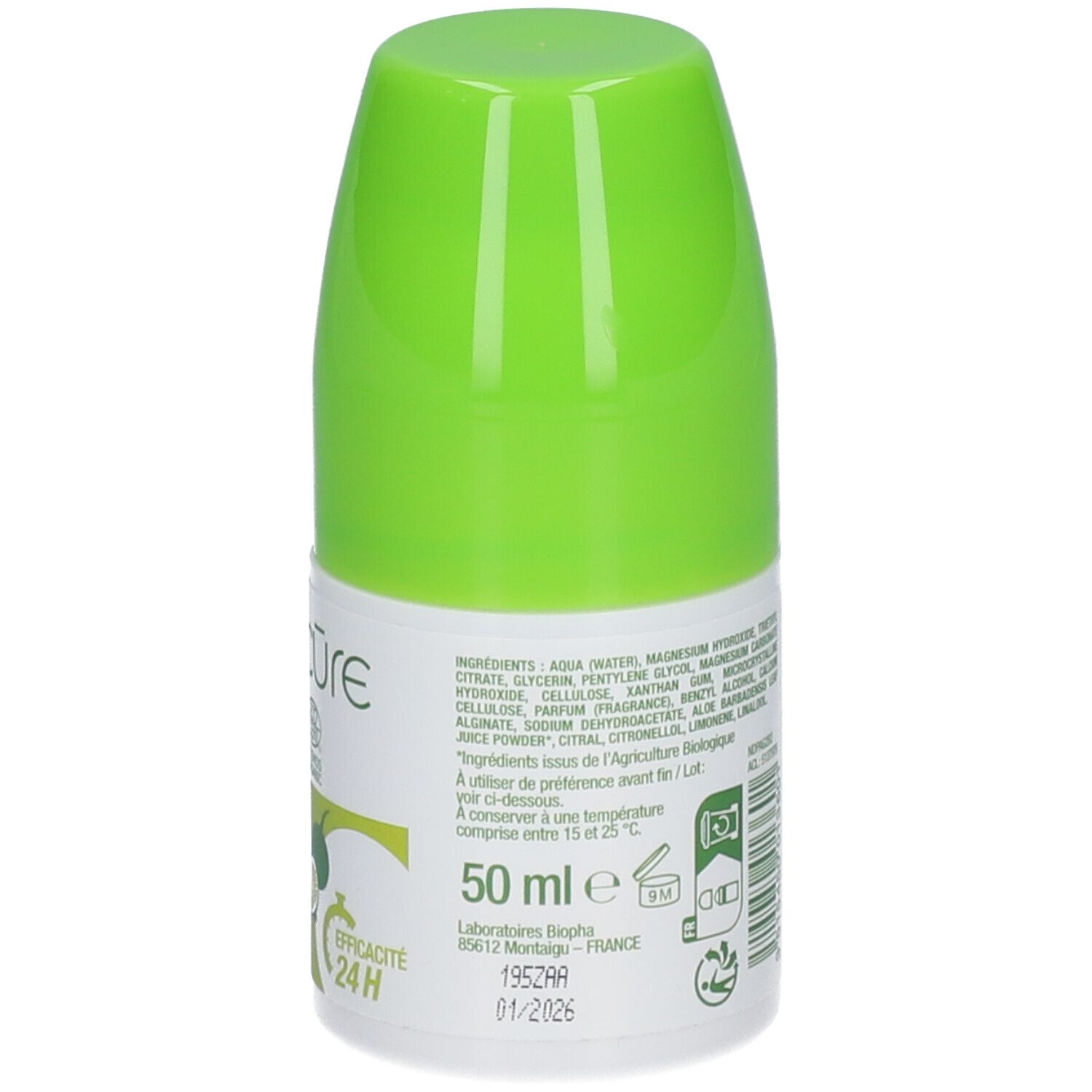 Dos du déodorant roll-on. Texte: ingrédients, 50 ml, date de péremption. Bouchon vert, étiquette blanche avec accents verts.