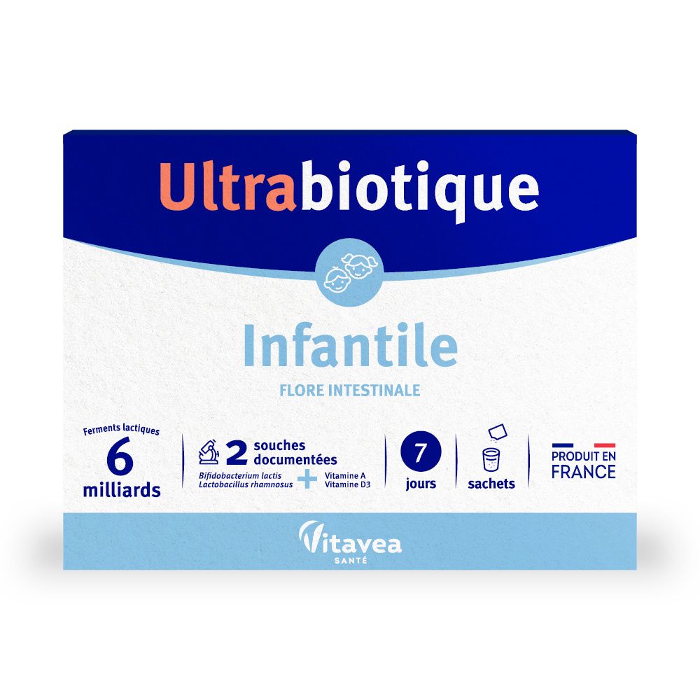 Nutrisanté Ultrabiotique Infantile: 7 sachets de 6 milliards de ferments lactiques et vitamine D3.