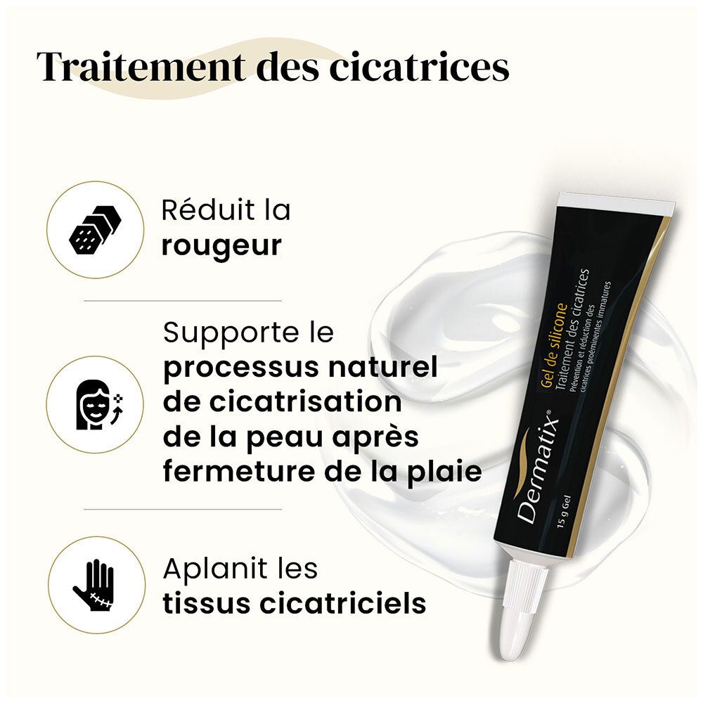 Graphique avec texte: Réduit les rougeurs, favorise la cicatrisation naturelle, lisse les tissus cicatriciels. Tube de gel Dermatix®.