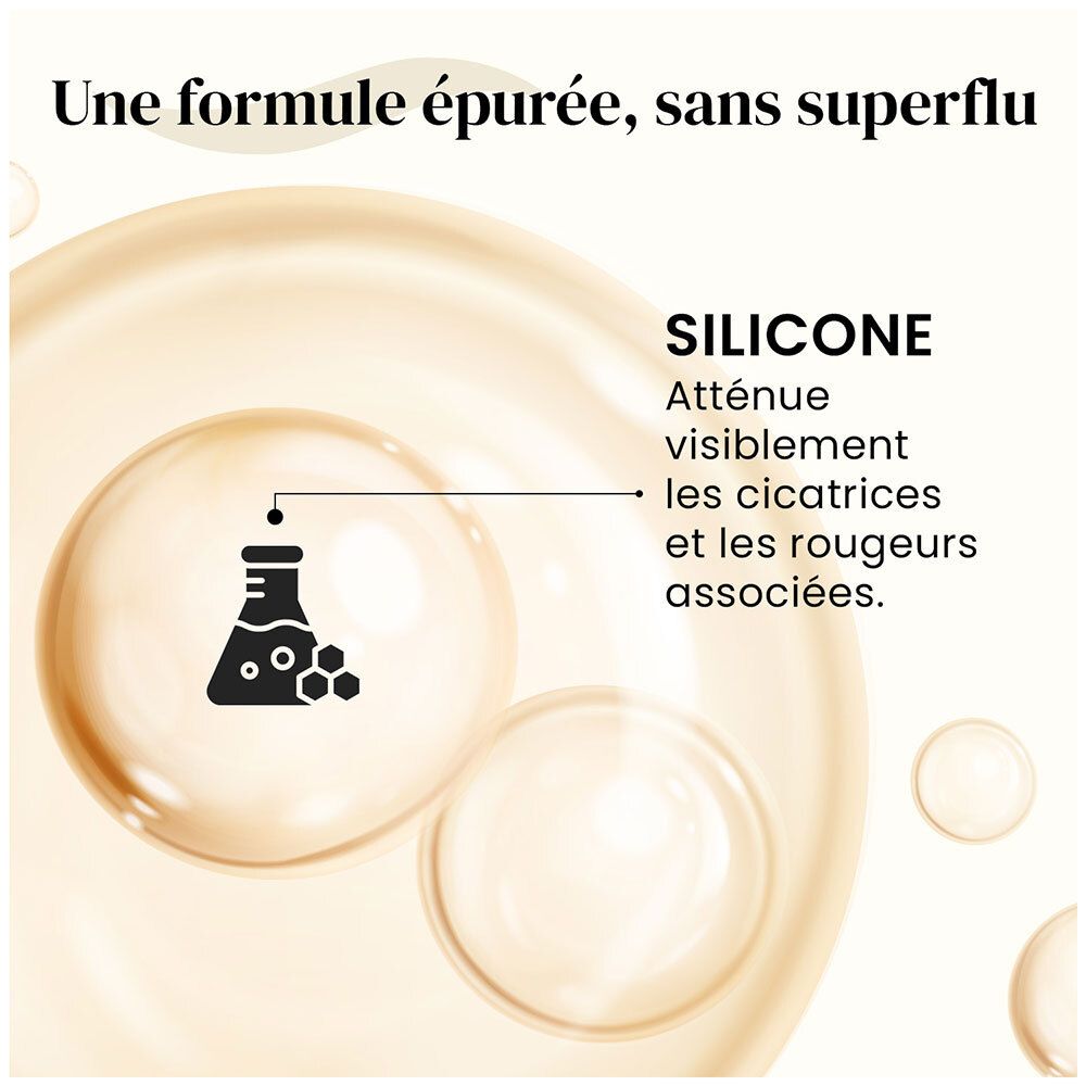 Graphique avec texte: Silicone, réduit visiblement les cicatrices et rougeurs associées. Bulles et symbole de laboratoire.