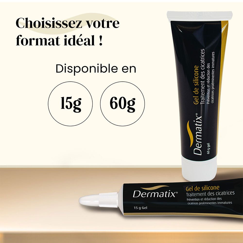 Choix: Tubes de gel Dermatix® 15g et 60g. Deux tubes côte à côte.