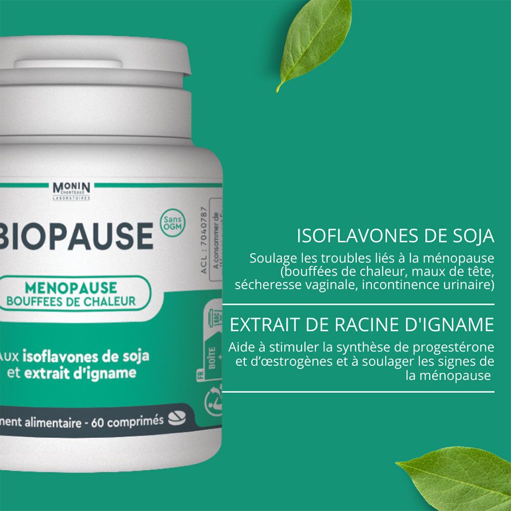 Gros plan sur le flacon BIOPAUSE. Texte : Isoflavones de soja, extrait de racine d'igname.