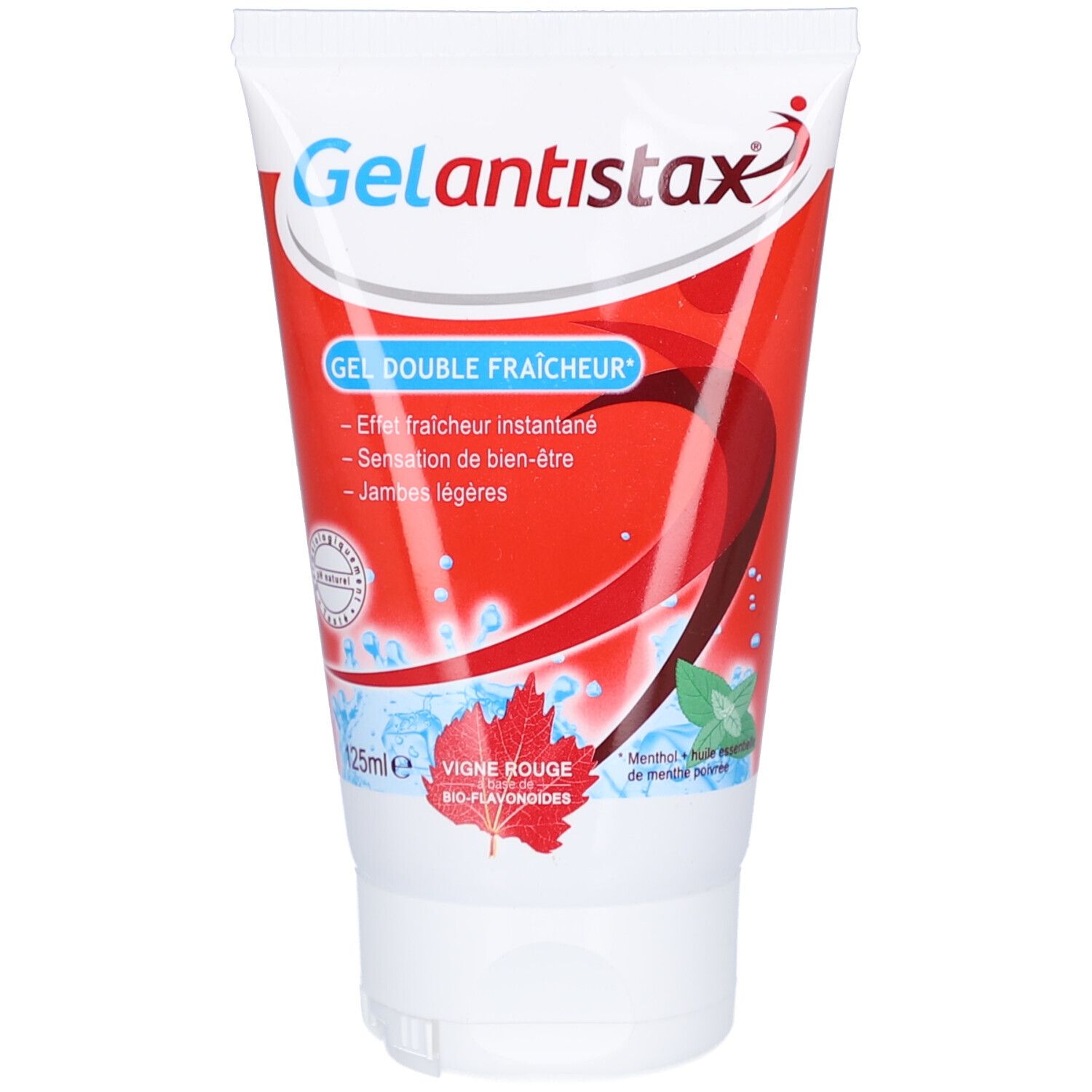 Tube rouge et blanc. Inscription Gelantistax. Éléments bleus et rouges. Texte: Gel Double Fraîcheur, 125ml, Vigne Rouge.
