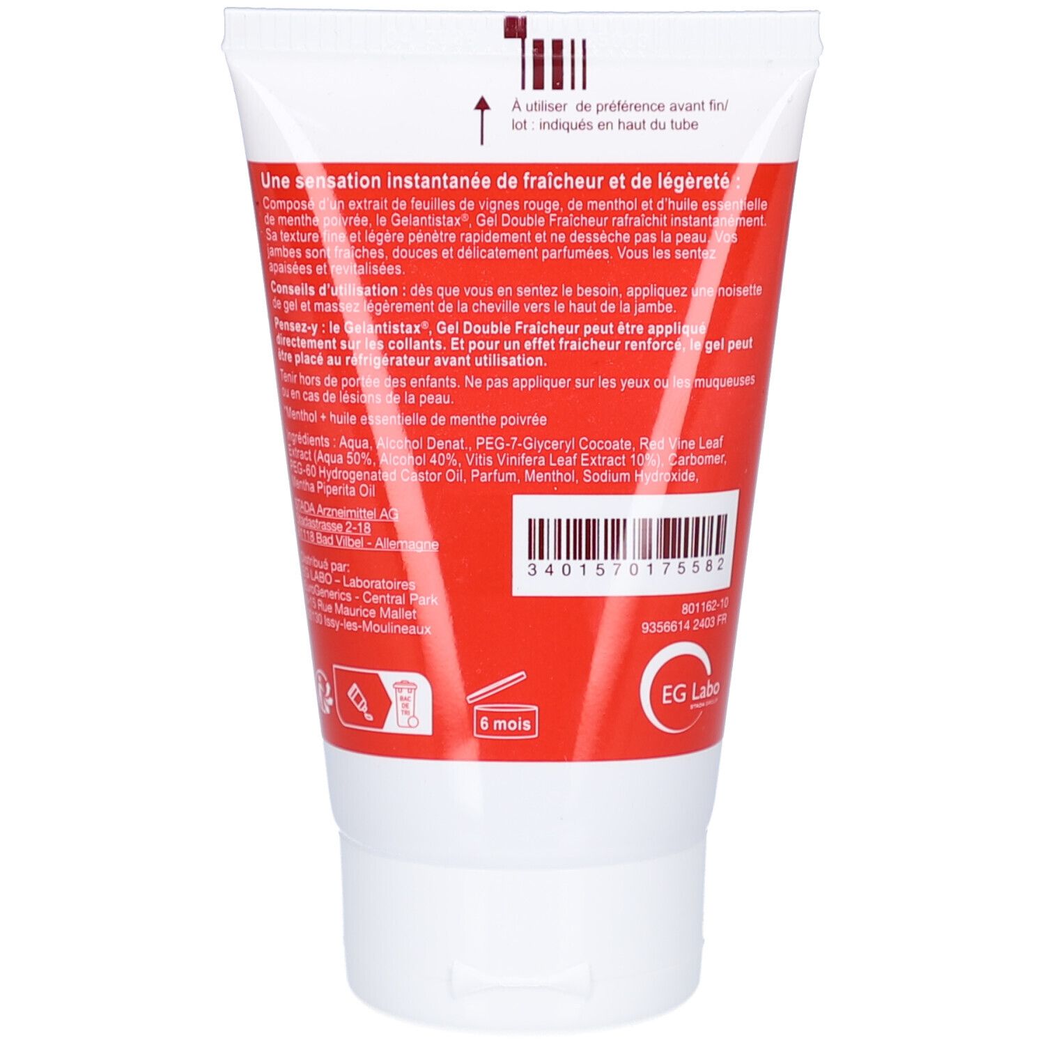 Dos d'un tube. Fond rouge avec texte blanc. Texte: Une sensation instantanée de fraîcheur et de légèreté. Ingrédients.