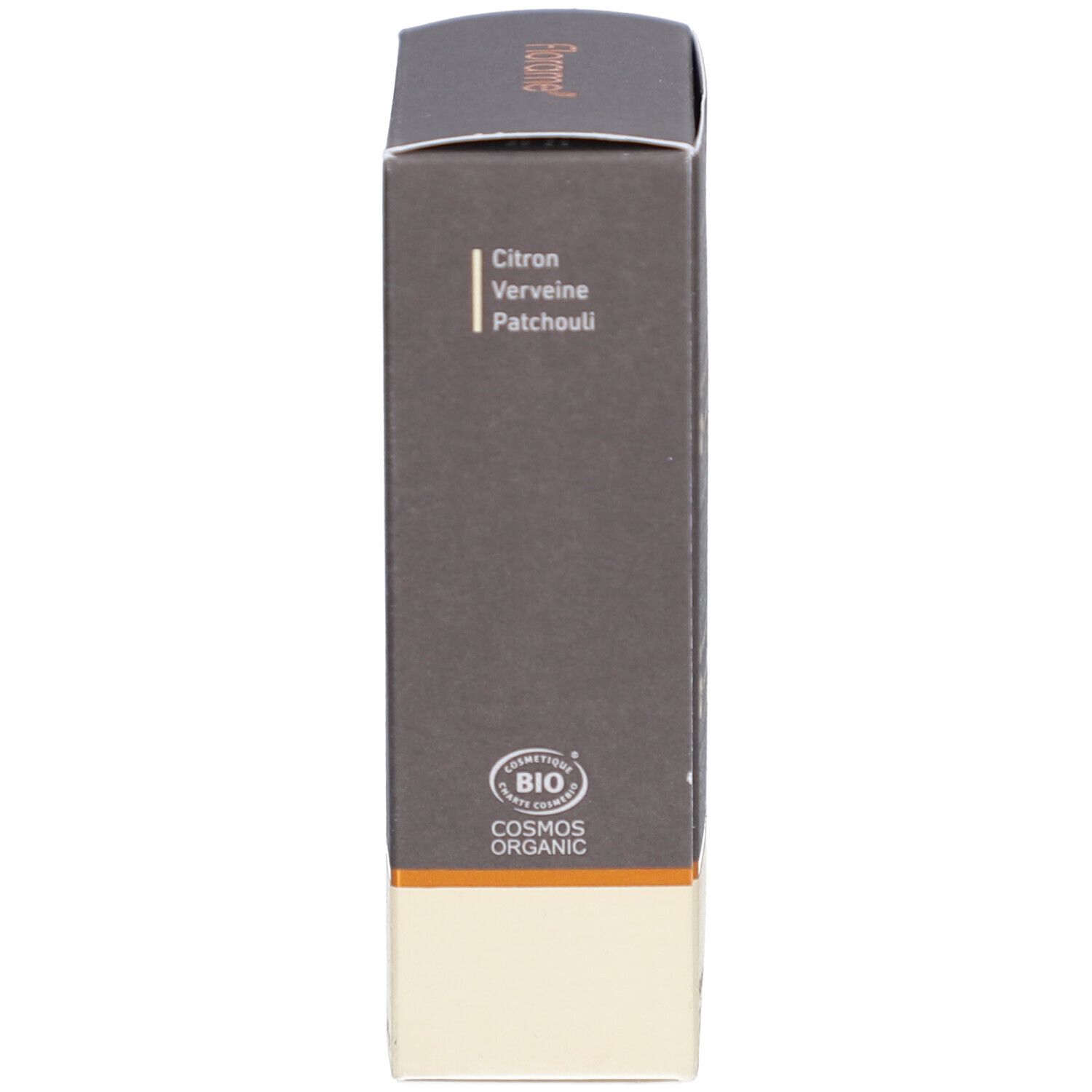 Verpackung, Seite mit Inhaltsstoffen und Bio-Zertifizierung. Text: Zitrone, Verveine, Patchouli.