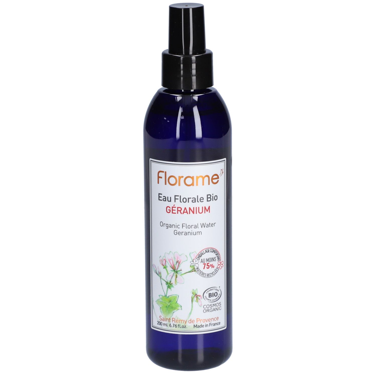 Flacon bleu avec vaporisateur noir. Inscription: Florame Eau Florale Bio Géranium. Certification bio.