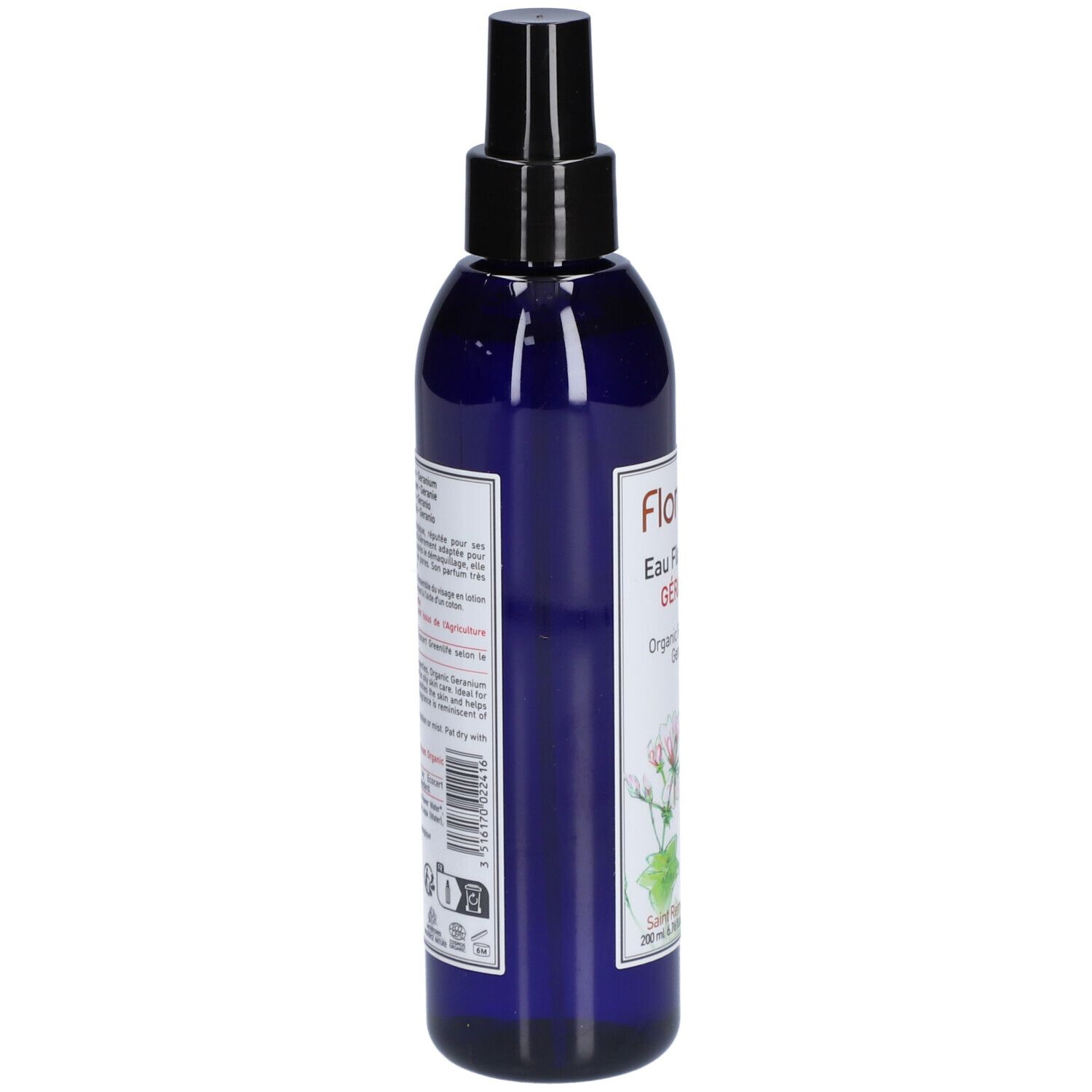 Flacon bleu avec vaporisateur noir. Dos avec texte et code-barres. Logo Florame.
