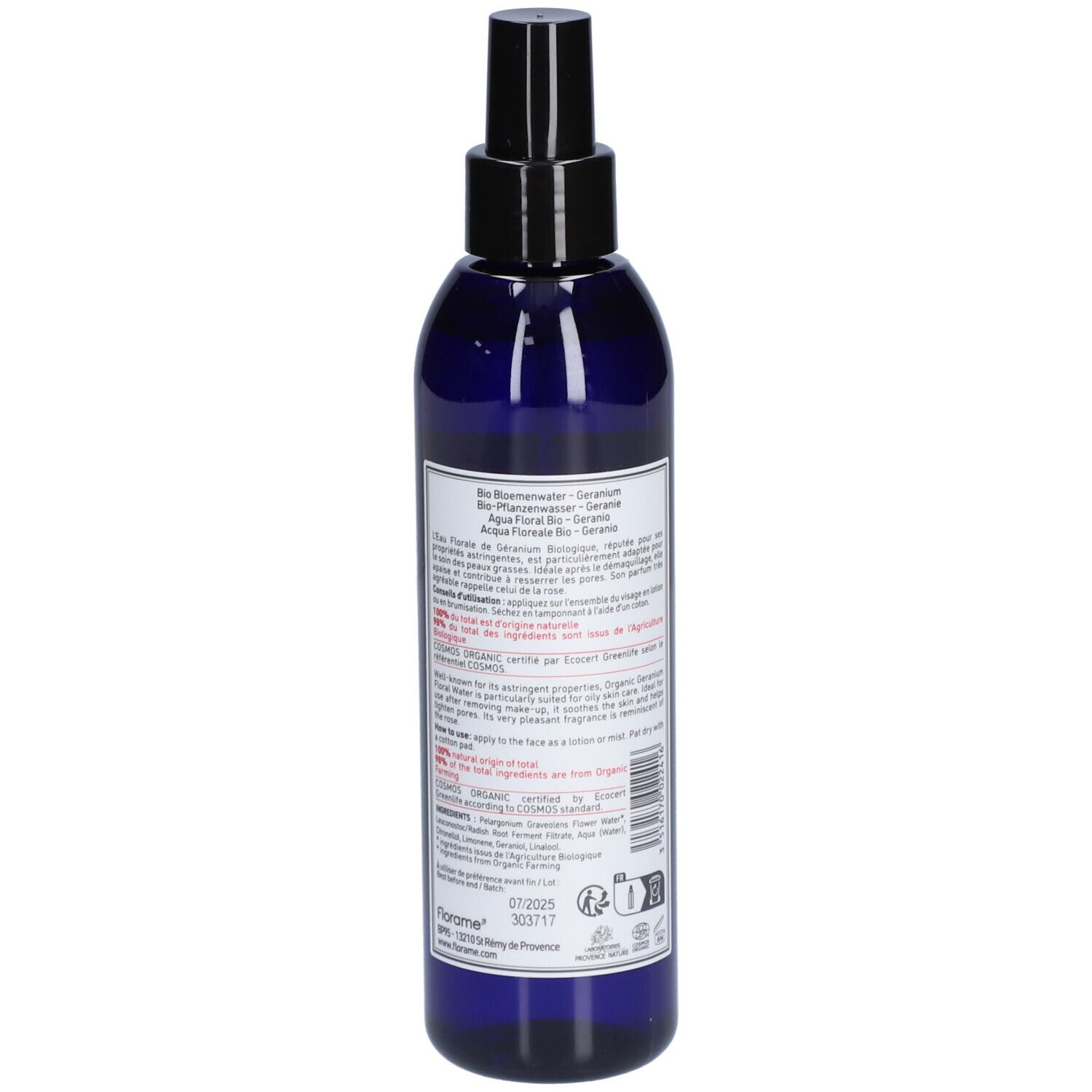 Flacon bleu avec vaporisateur noir. Dos avec texte. Logo Florame et certification bio.