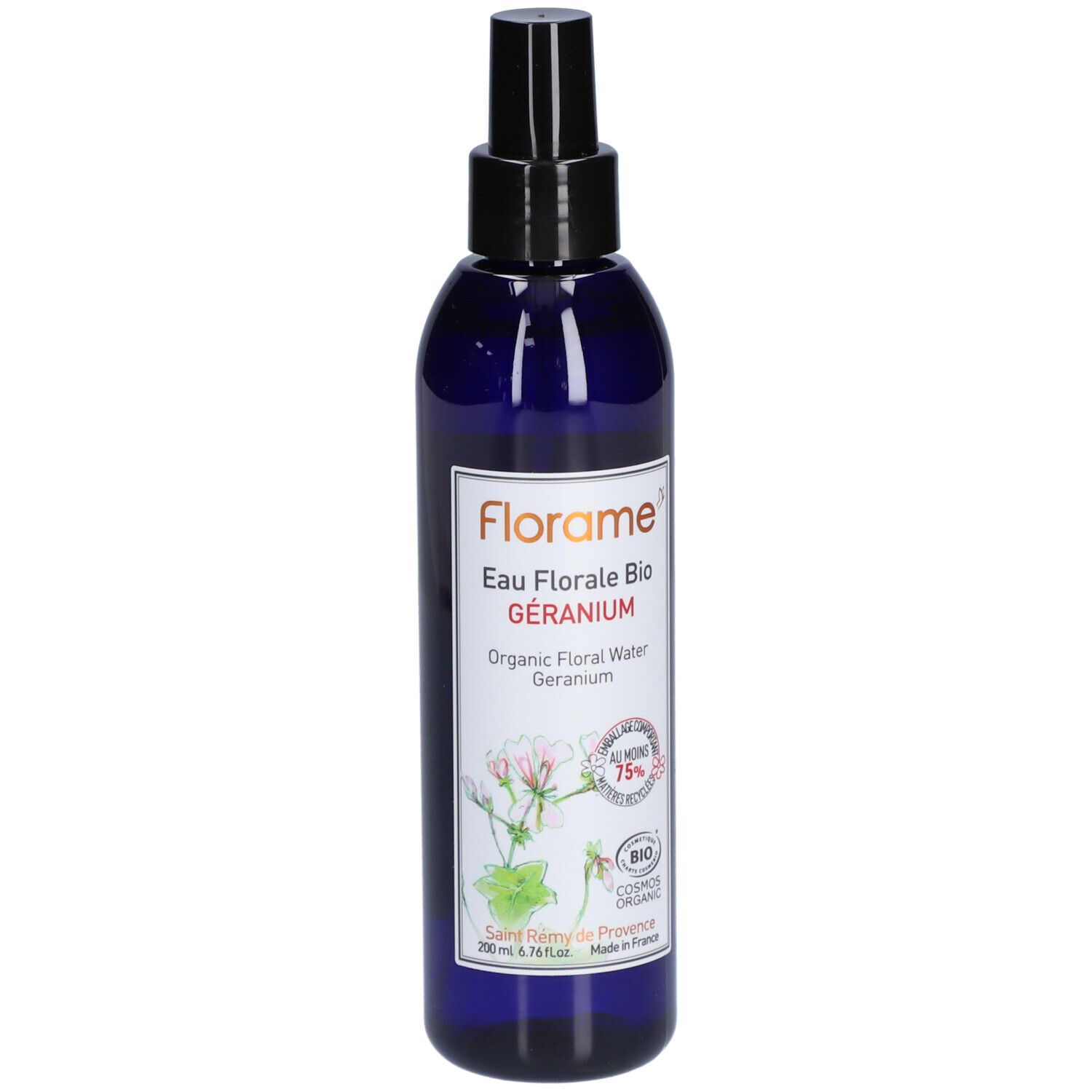 Flacon bleu avec vaporisateur noir. Inscription: Florame Eau Florale Bio Géranium. Certification bio.