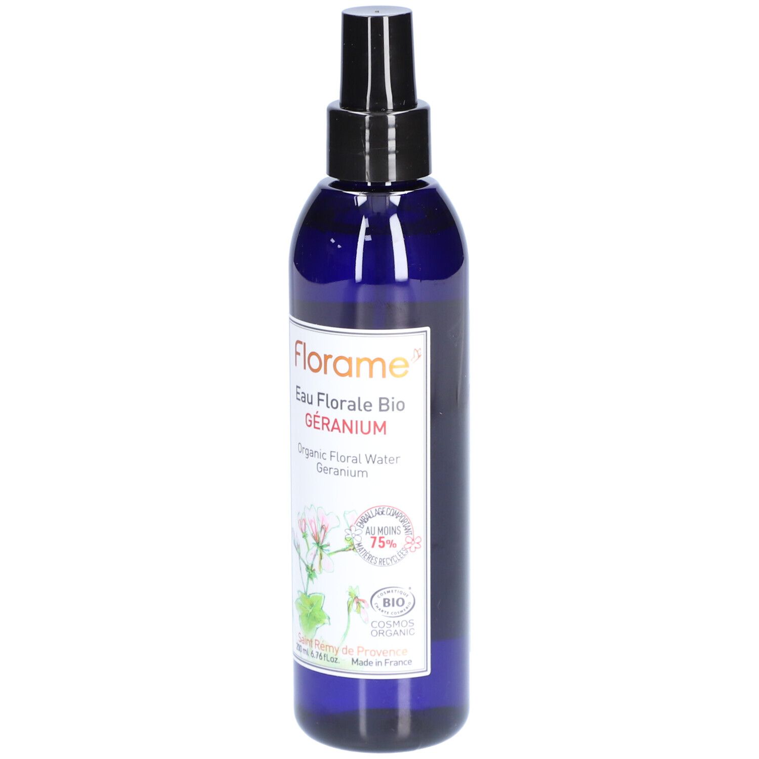 Flacon bleu avec vaporisateur noir. Inscription: Florame Eau Florale Bio Géranium. Certification bio.