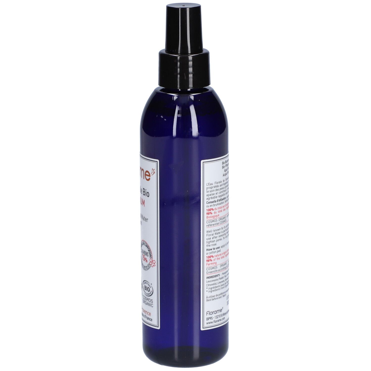 Flacon bleu avec vaporisateur noir. Dos avec texte. Logo Florame et certification bio.