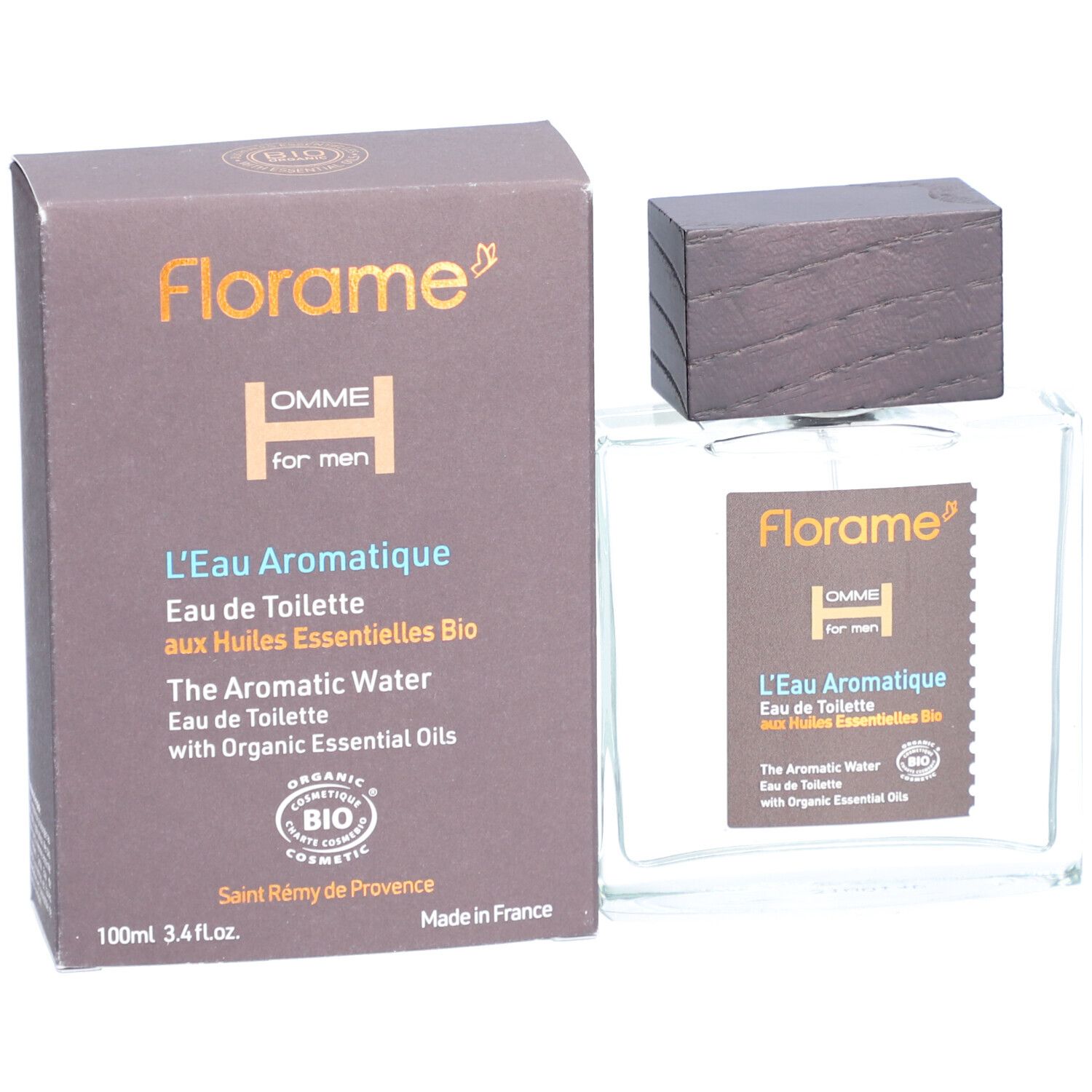 Glasflakon und Karton. Text: Florame, Homme, L'Eau Aromatique, mit Bio-ätherischen Ölen. Bio-Zertifizierung.