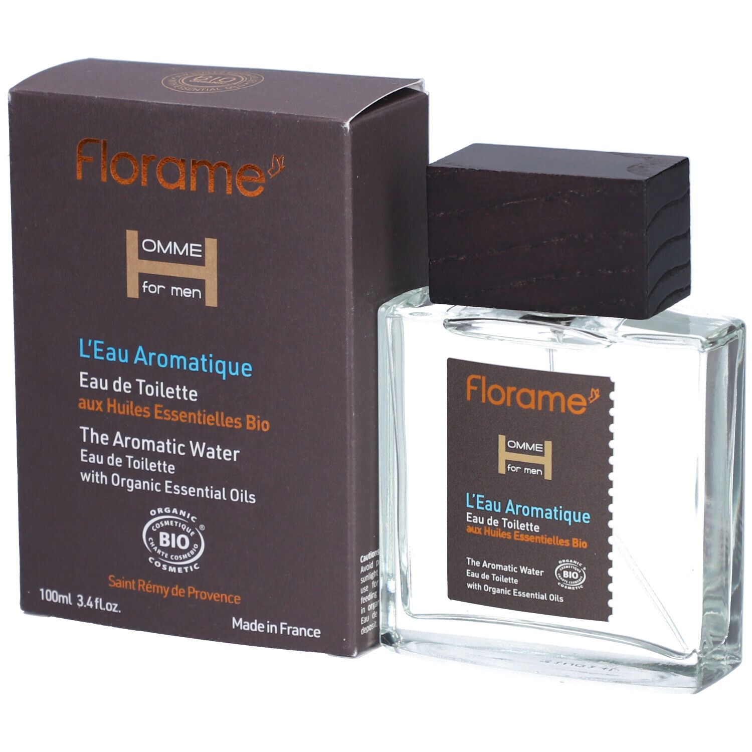 Glasflakon und Karton. Text: Florame, Homme, L'Eau Aromatique, mit Bio-ätherischen Ölen. Bio-Zertifizierung.