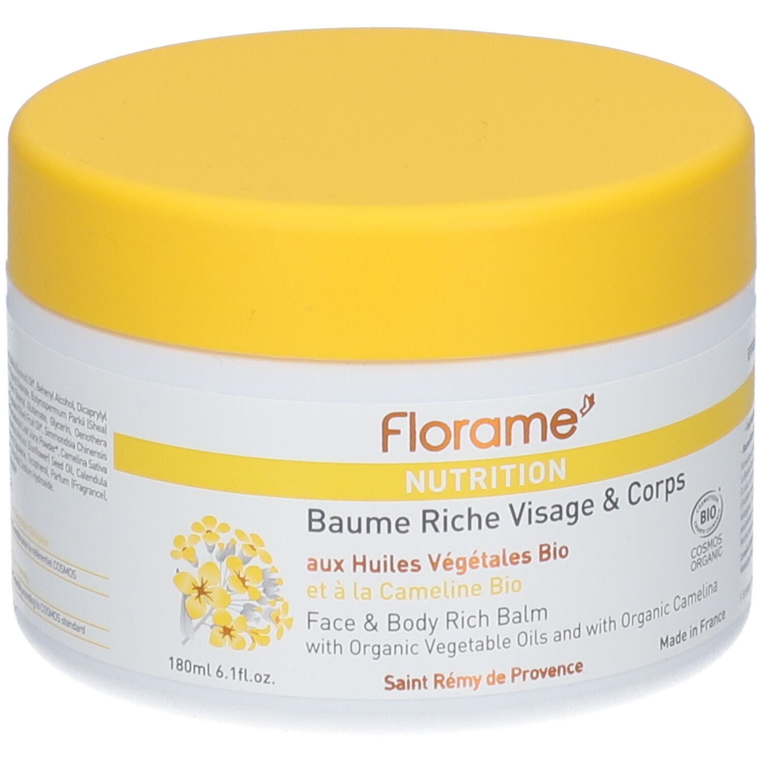 Cremebehälter mit gelbem Deckel. Aufschrift: Florame Nutrition Baume Riche Visage & Corps. Bio-Zertifizierung.