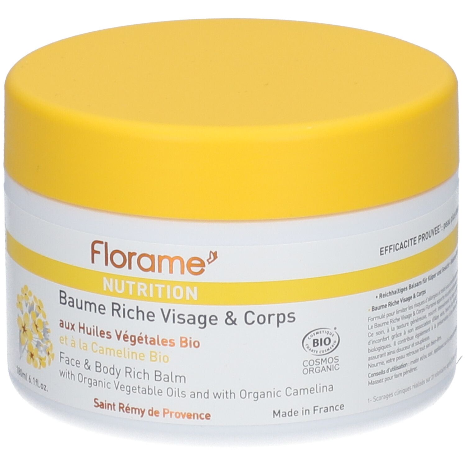 Cremebehälter mit gelbem Deckel. Aufschrift: Florame Nutrition Baume Riche Visage & Corps. Bio-Zertifizierung.