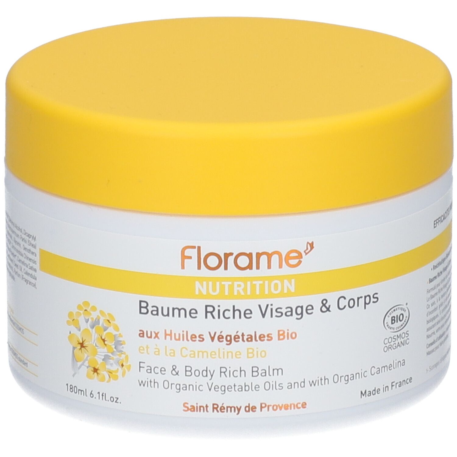 Cremebehälter mit gelbem Deckel. Aufschrift: Florame Nutrition Baume Riche Visage & Corps. Bio-Zertifizierung.