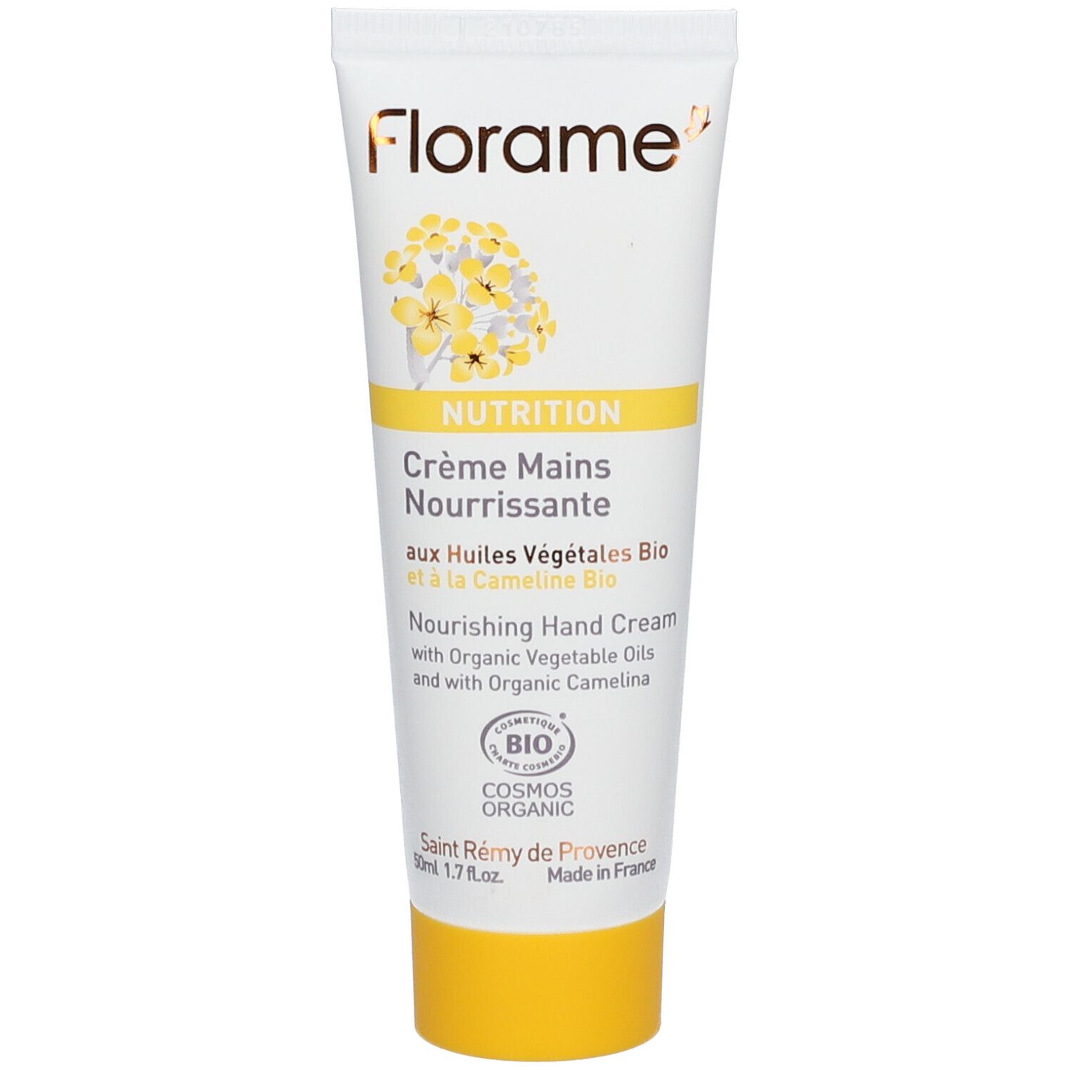 Creme-Tube, Florame NUTRITION Crème Mains Nourrissante. Gelbe Schrift, gelbe Blüten, Bio-Siegel.
