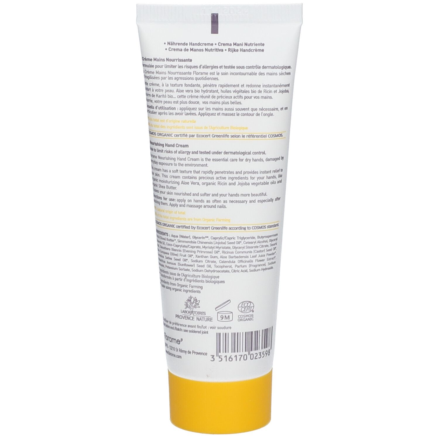 Rückseite der Creme-Tube. Text in mehreren Sprachen, Bio-Siegel, gelber Verschluss.