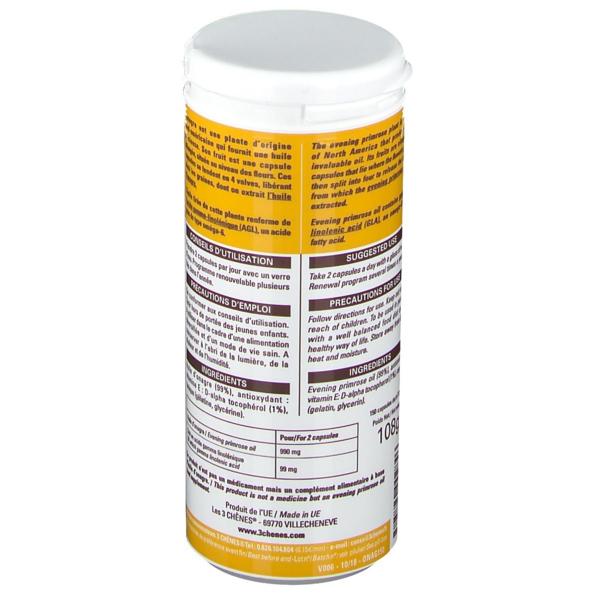 Zylindrische Dose, weiße Kappe. Text auf Englisch und Französisch. Inhaltsstoffe und empfohlene Anwendung. Marke: 3 Chênes.