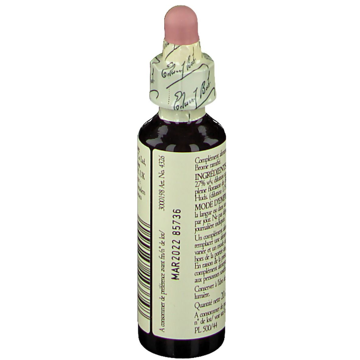 Flacon en verre brun avec compte-gouttes. Étiquette avec texte. Nom du produit: Wild Oat. 20ml. Verso avec texte.