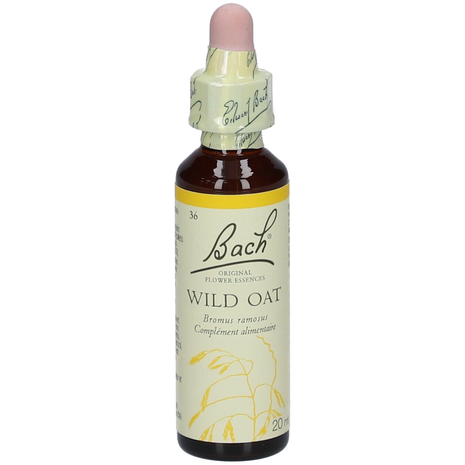 Flacon en verre brun avec compte-gouttes. Étiquette avec texte et logo. Nom du produit: Wild Oat. 20ml.
