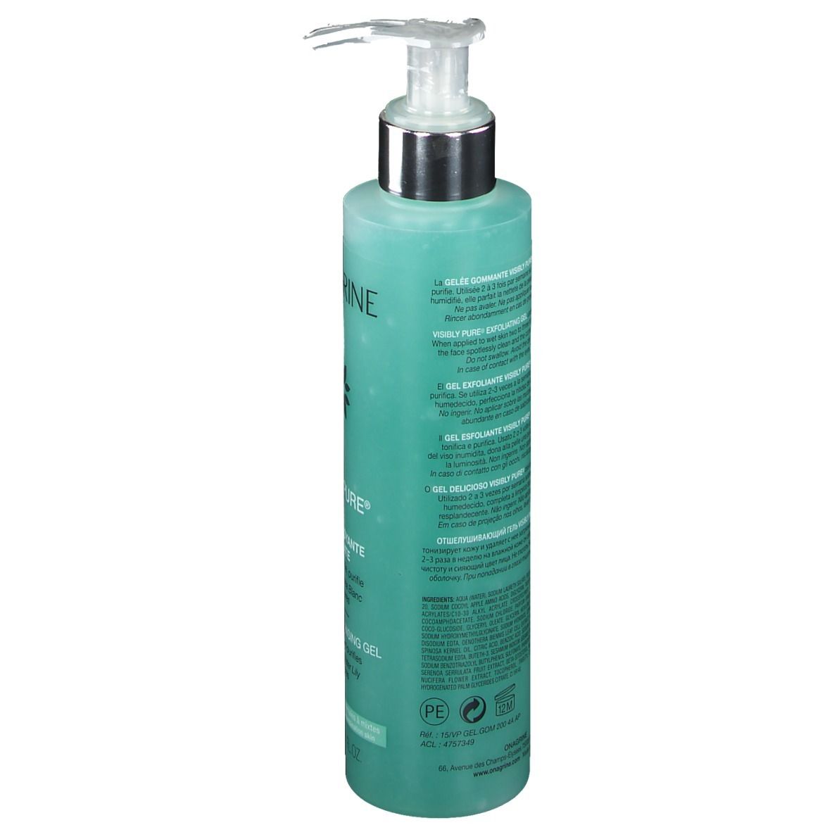 Vue arrière du flacon avec pompe. Gel turquoise. Texte en français et anglais. Symbole PE.