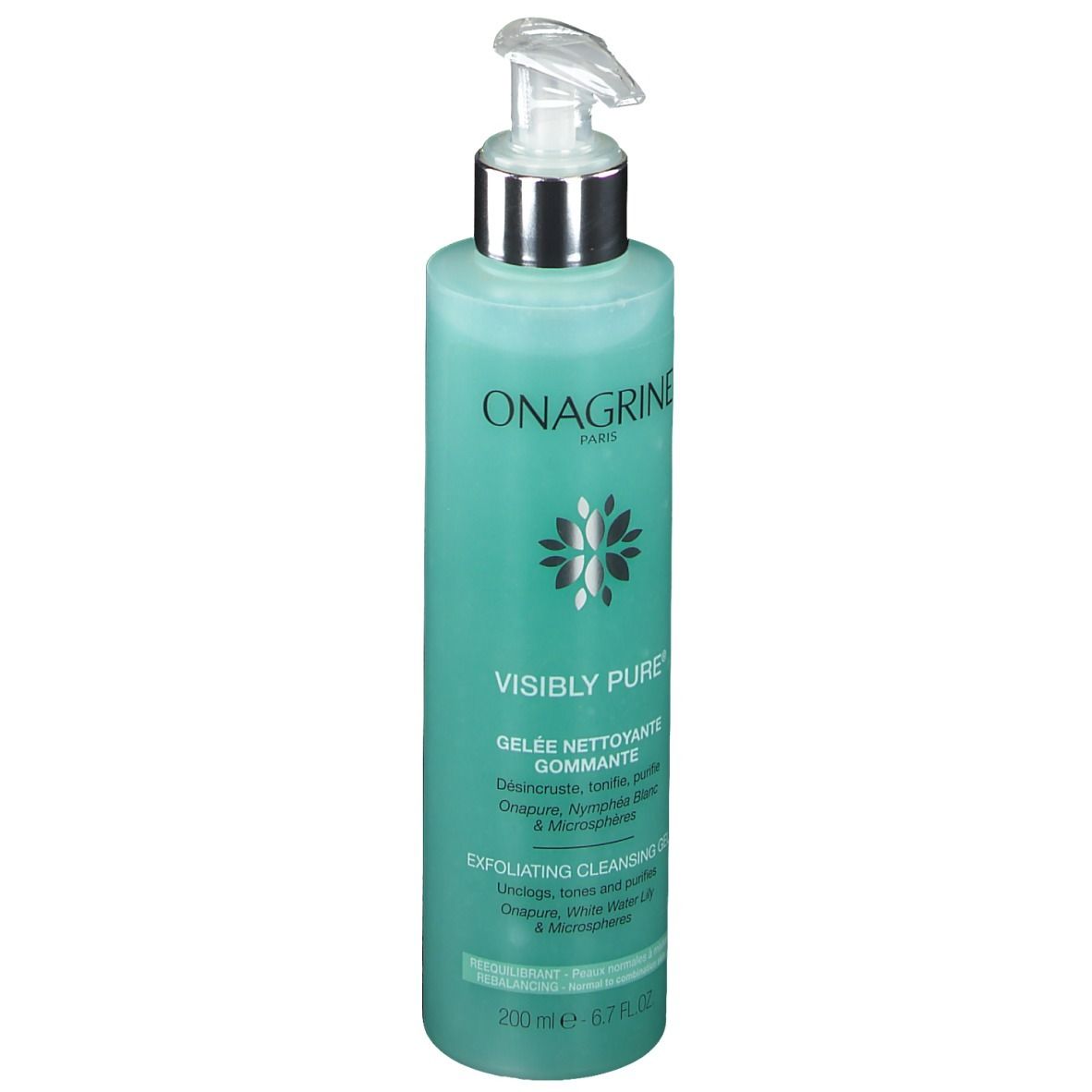 Flacon cylindrique avec pompe. Gel turquoise. Inscriptions: ONAGRINE, VISIBLY PURE, GELEE NETTOYANTE GOMMANTE, EXFOLIATING CLEANSING GEL.