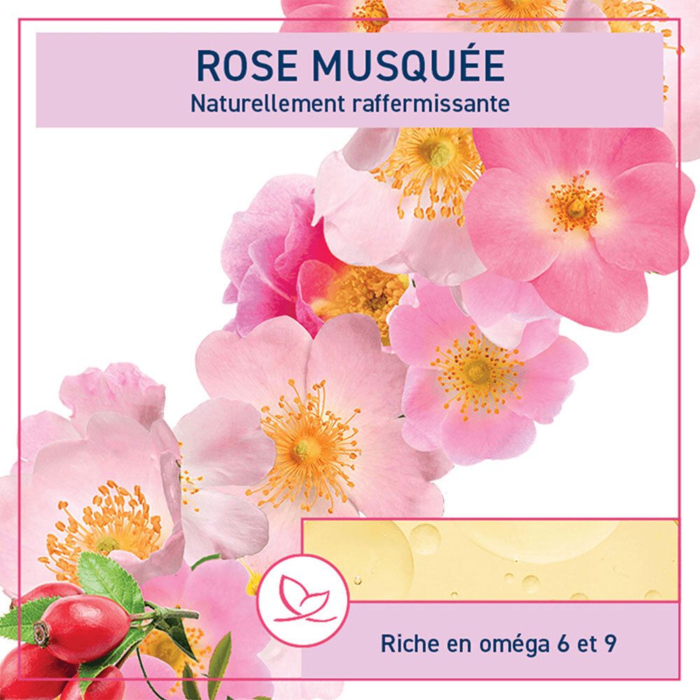 Gros plan sur des fleurs de rose et des cynorhodons. Texte : Rose Musquée, naturellement raffermissant. Logo et texte : Riche en oméga 6 et 9.