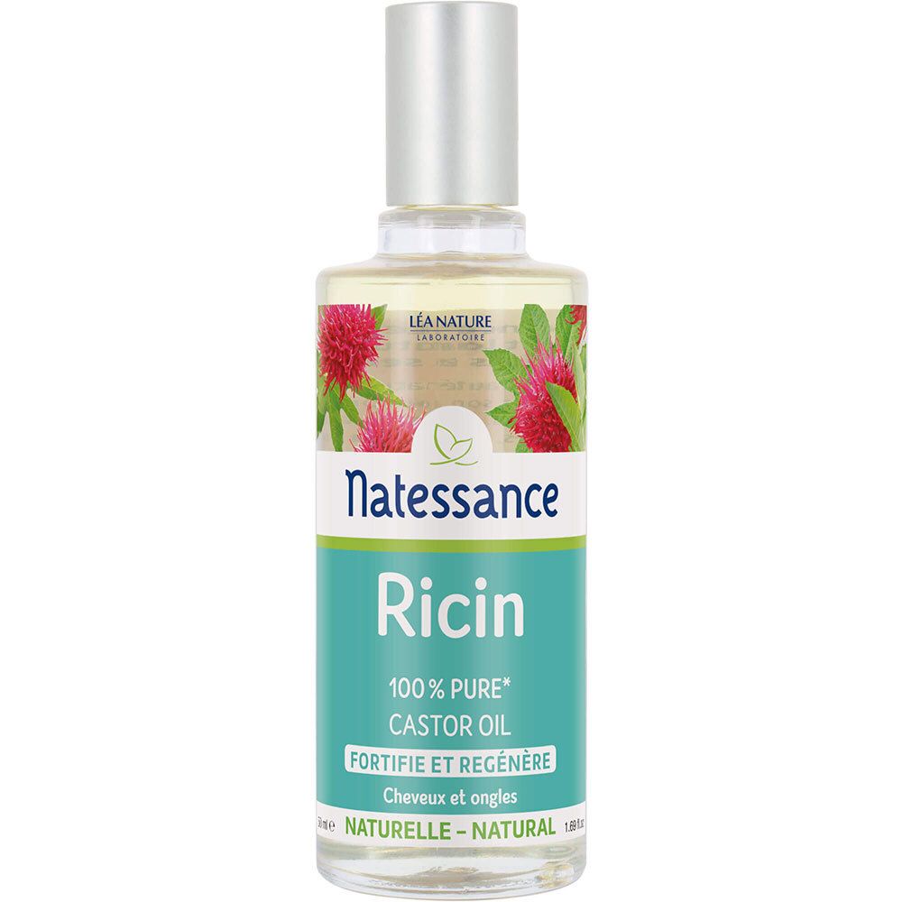 Flacon d'huile transparente avec bouchon argenté. Inscription: Natessance, Ricin, 100% pure Castor Oil.