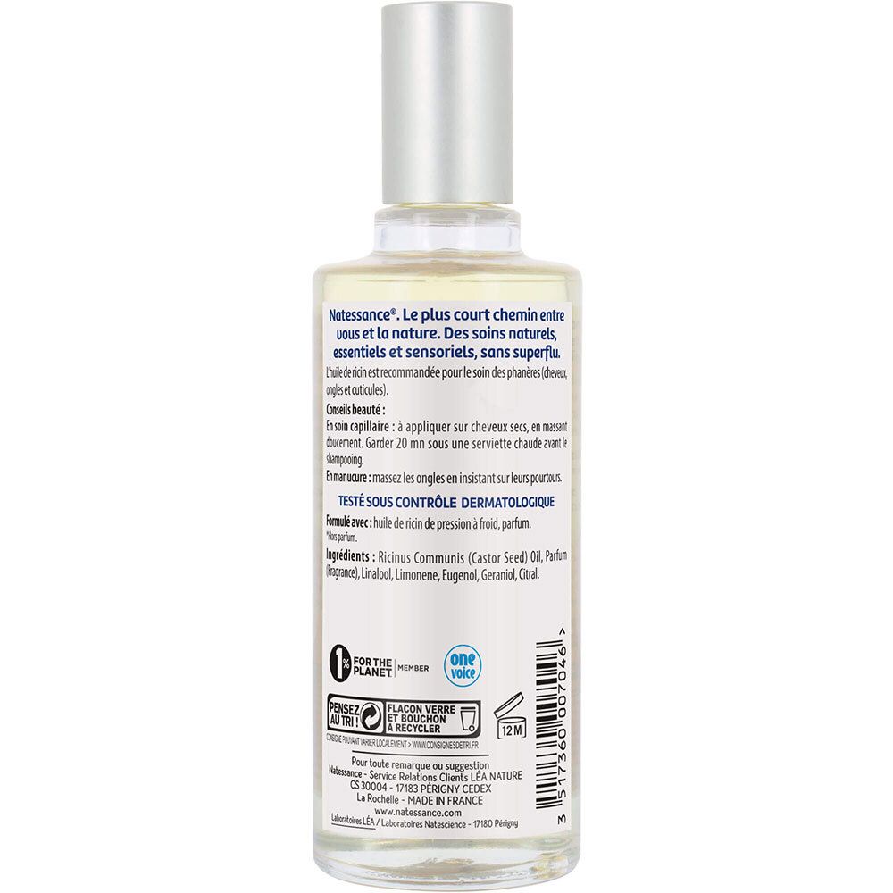 Dos du flacon d'huile. Texte: informations, ingrédients, testé dermatologiquement, flacon recyclable.