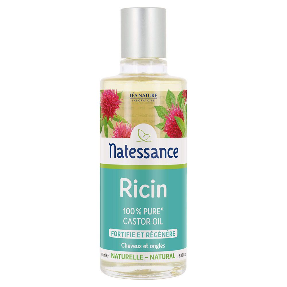 Klarflüssiges Öl in einer Flasche mit silbernem Deckel. Aufschrift: Natessance Ricin 100% Pure Castor Oil.