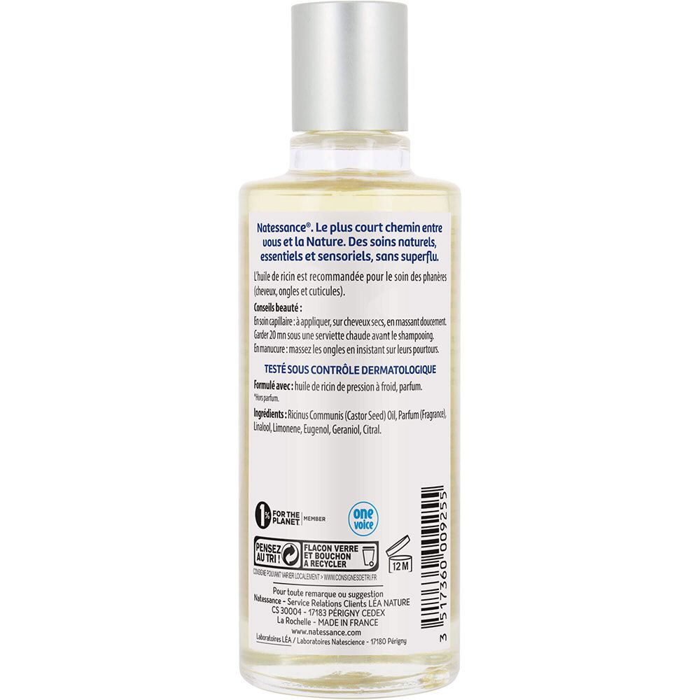 Rückseite einer Ölflasche mit Text. Enthält Informationen über das Produkt und Logos.