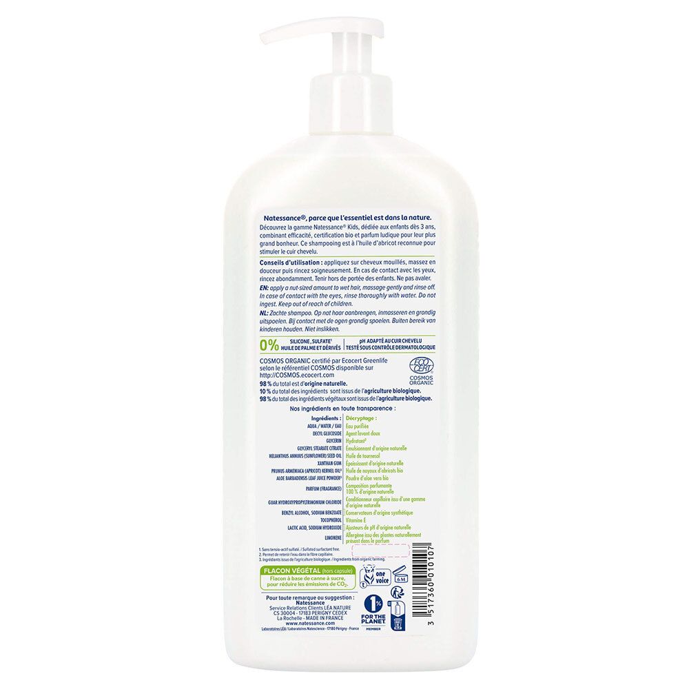 Rückseite einer weißen Flasche. Text in mehreren Sprachen. Enthält Informationen über Inhaltsstoffe und Zertifizierungen.