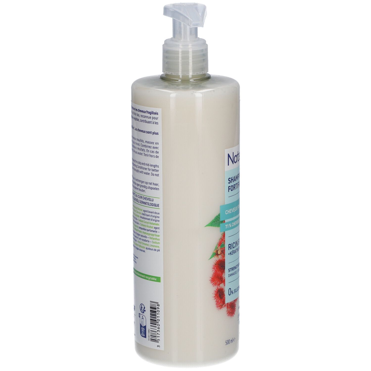 Seite der Shampoo-Flasche. Textinformationen über Inhaltsstoffe und Anwendung. Logo: 91% natürliche Inhaltsstoffe.