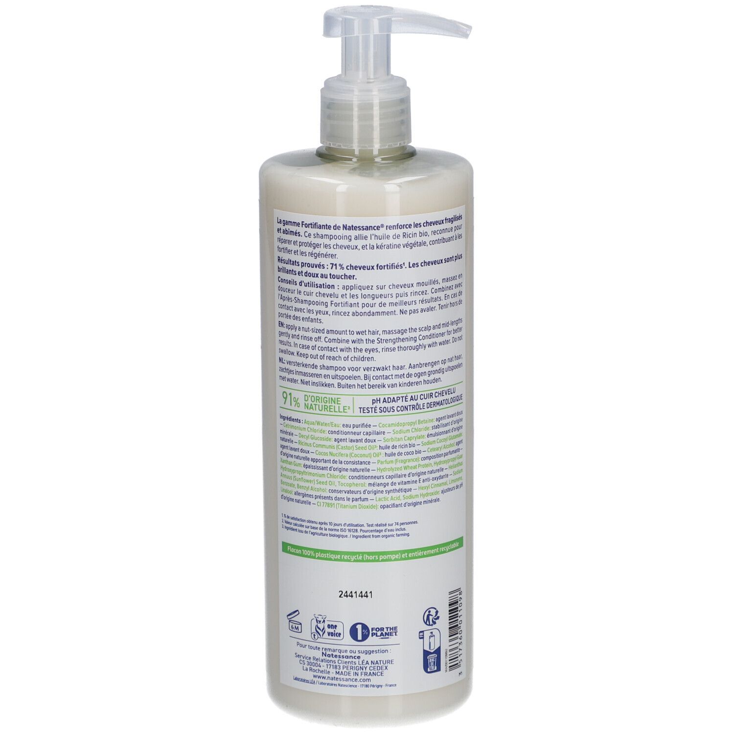 Rückseite der Shampoo-Flasche. Textinformationen über Inhaltsstoffe und Anwendung. Logo: 91% natürliche Inhaltsstoffe.