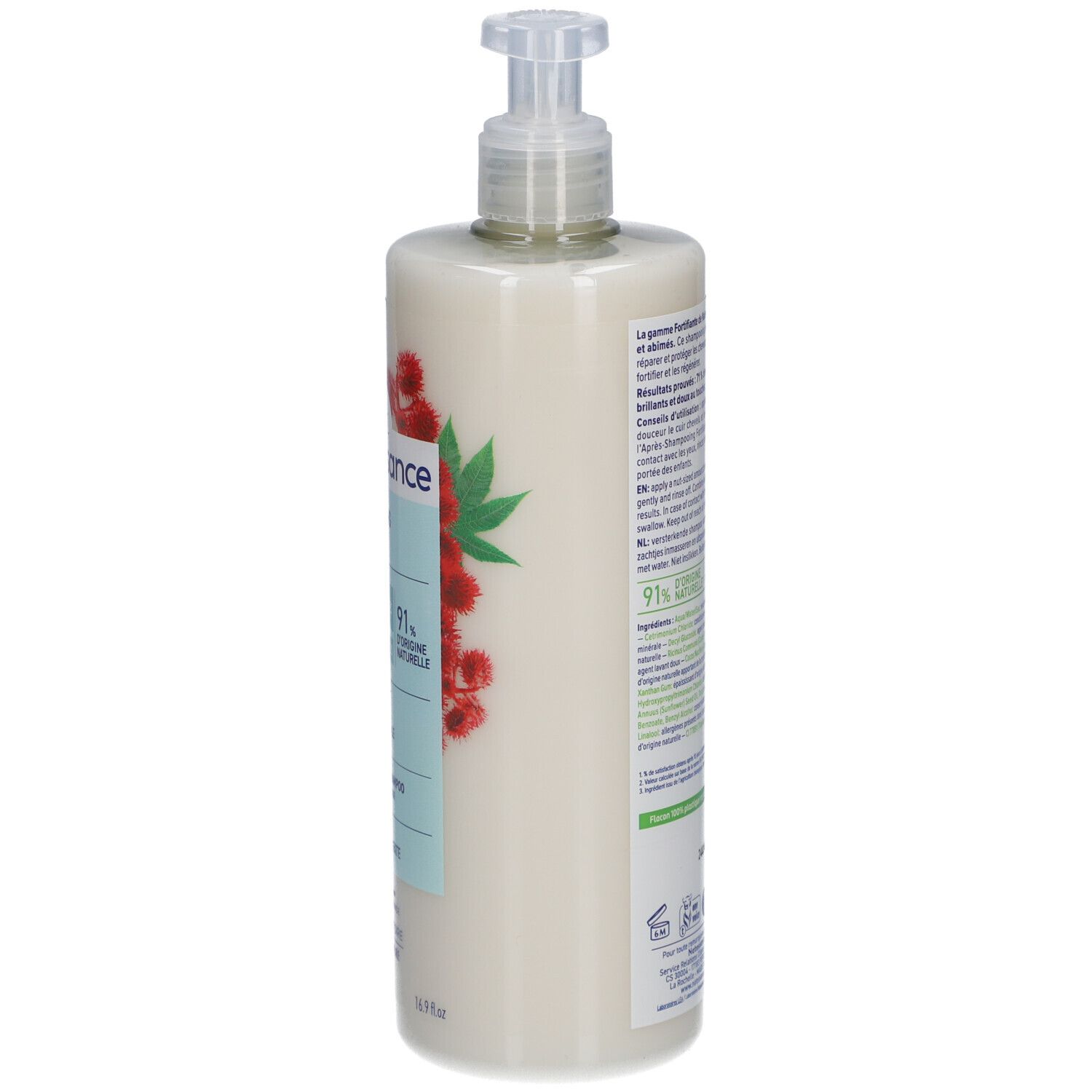 Seite der Shampoo-Flasche. Textinformationen über Inhaltsstoffe und Anwendung. Logo: 91% natürliche Inhaltsstoffe.