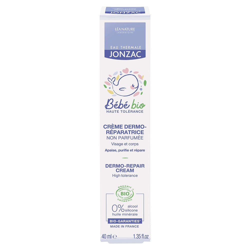 Kartonverpackung für Creme. Produktname und Logo. Enthält Bio-Zertifizierung und Text in Französisch.