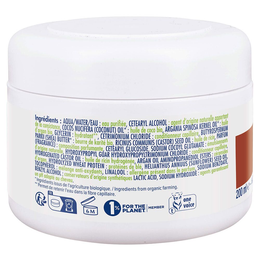 Rückseite des weißen Tiegels. Auflistung der Inhaltsstoffe und Logos. 200ml. Hergestellt in Frankreich.