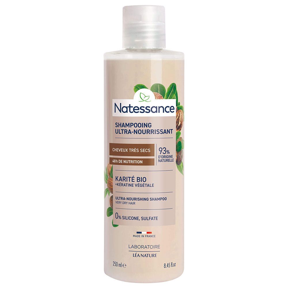 Shampoo-Flasche mit weißem Deckel. Aufschrift: Natessance, Shampoo Ultra-Nourrissant, Karité Bio, Keratine Végétale. 0% Silikon, Sulfate.