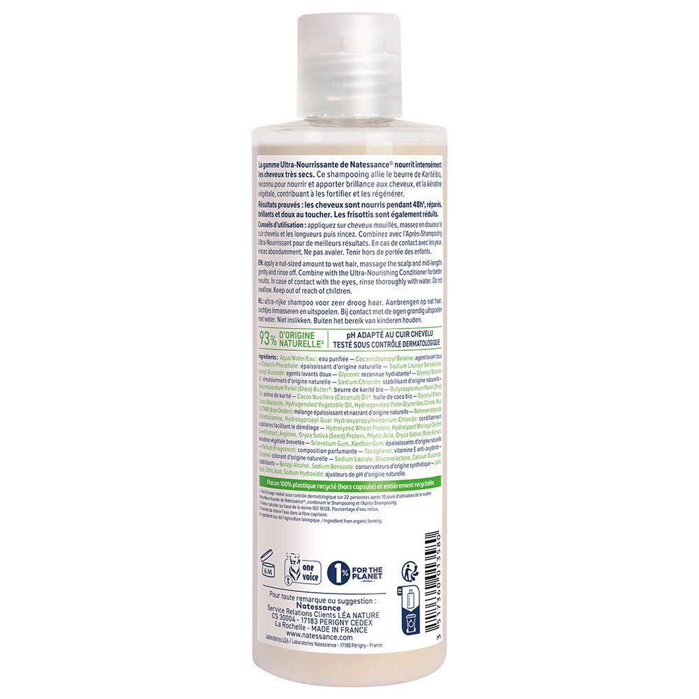Rückseite der Shampoo-Flasche. Text in mehreren Sprachen. Enthält Informationen zu Inhaltsstoffen und Anwendung. Mit Logo '1 for the planet'.