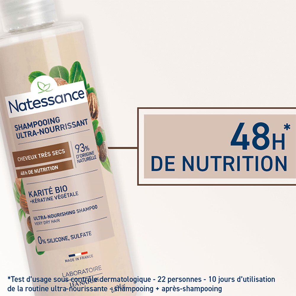 Gros plan sur le flacon de shampooing Natessance. Texte: 48h de nutrition. Logo: Karité Bio, Kératine Végétale. 93% ingrédients naturels.