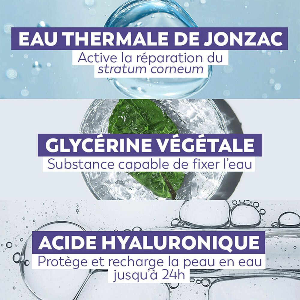 Graphique avec texte: Eau Thermale de Jonzac, Glycérine, Acide Hyaluronique. Décrit les ingrédients et leurs effets.